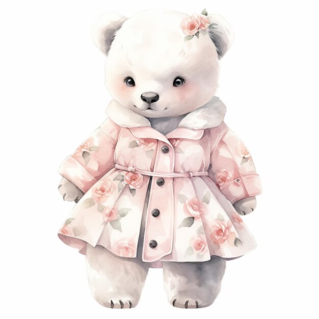 Photo there is a white teddy bear wearing a pink coat and a flowered dress generative ai