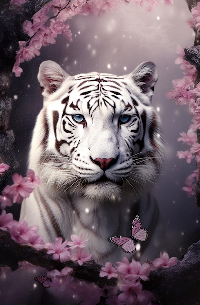There is a white tiger with blue eyes and a butterfly in the middle of the picture generative ai