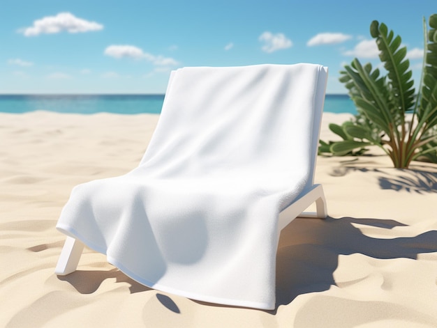 There is a white towel on a beach chair in the sand generative ai