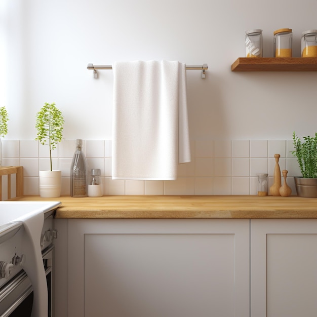 there is a white towel hanging on a towel rack in a kitchen generative ai