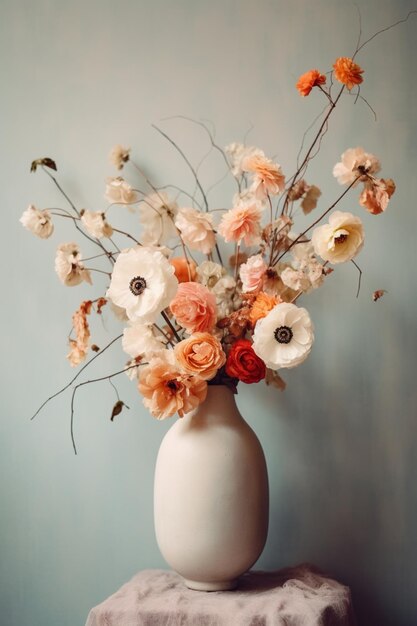 Foto c'è un vaso bianco con dei fiori su un tavolo generativo ai