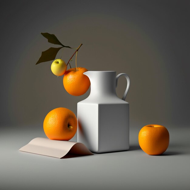 There is a white vase with oranges and an apple on it generative ai