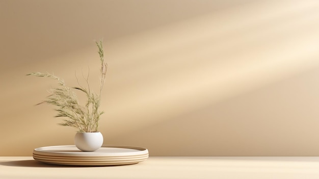 There is a white vase with a plant in it on a plate generative ai