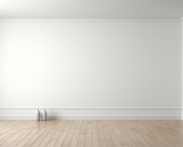 There is a white wall in a room with a wooden floor generative ai