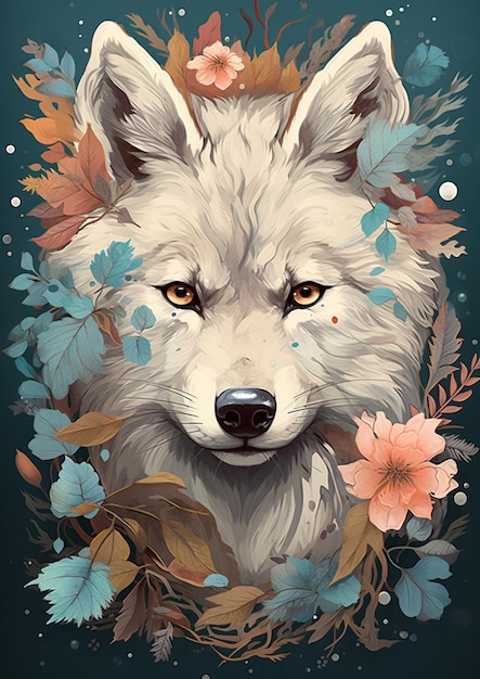 there is a white wolf with flowers and leaves around it generative ai