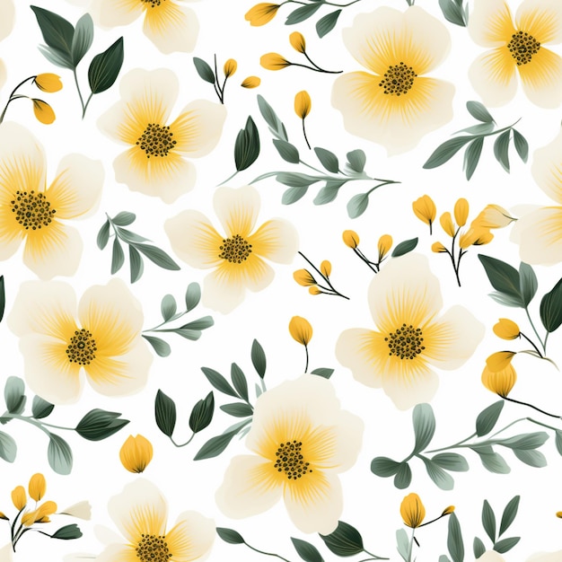 白い背景に白と黄色の花のパターンがあります
