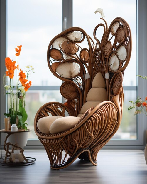 Foto c'è una sedia di vimini con una grande disposizione di fiori su di esso generativo ai