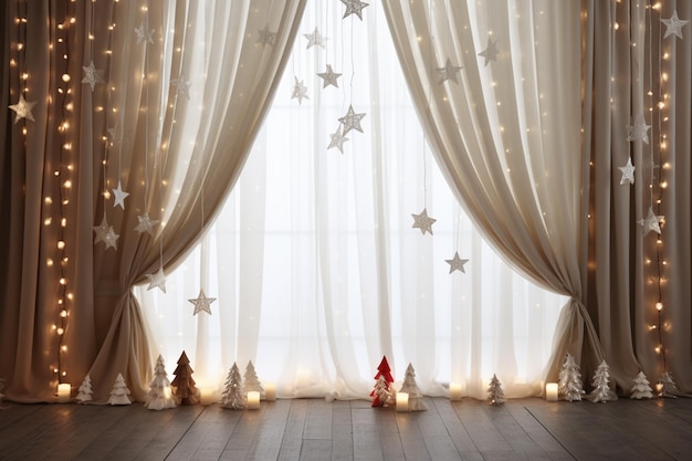 there is a window with a curtain and a christmas tree generative ai