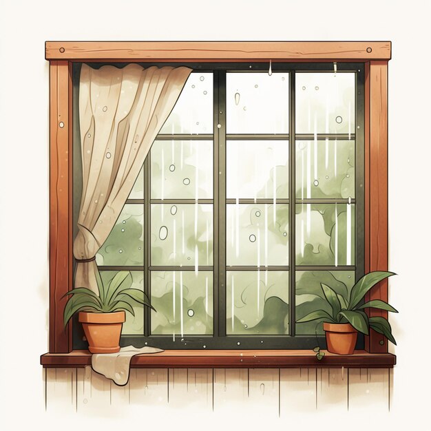 There is a window with a curtain and potted plants on the ledge generative ai