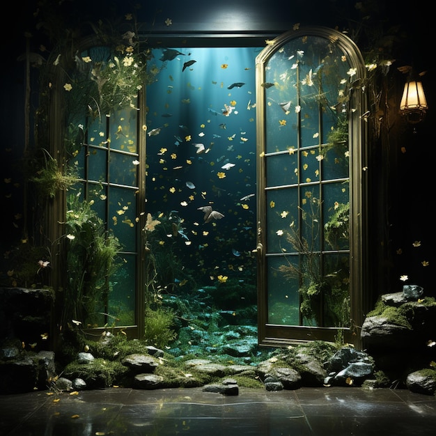 Photo there is a window with a fish tank in it and a lot of fish generative ai