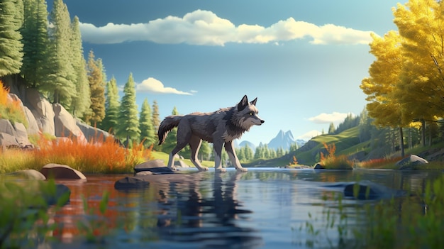 there is a wolf standing on a rock in a river generative ai