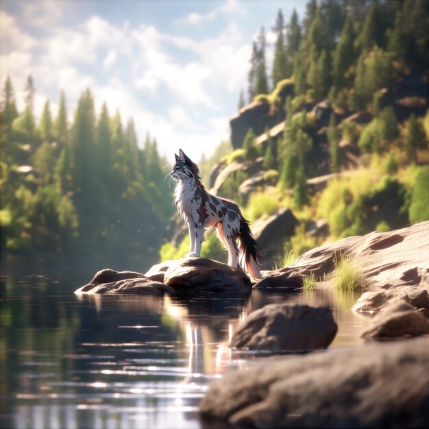 Photo there is a wolf standing on a rock in the water generative ai