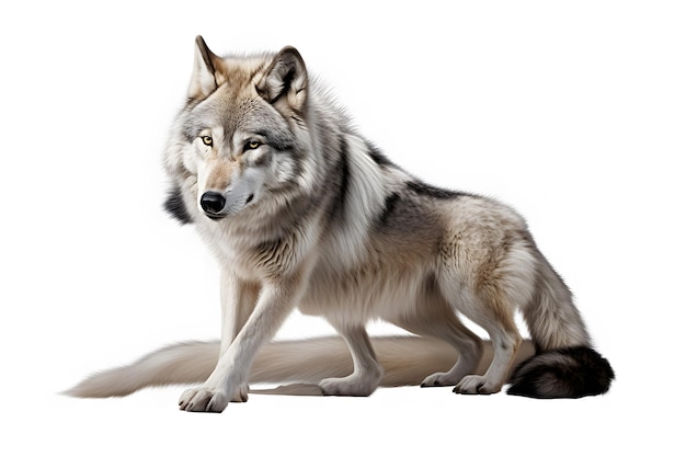 狼が白い背景の白い表面に立っている