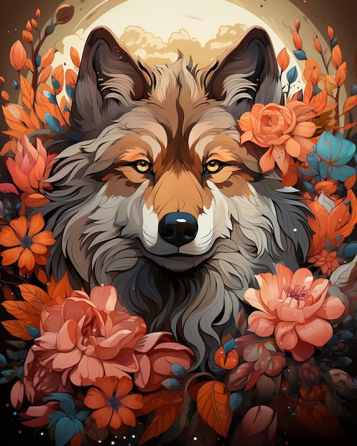 There is a wolf that is sitting in the flowers generative ai