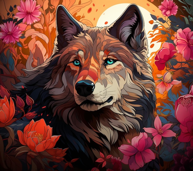 There is a wolf with blue eyes standing in a field of flowers generative ai