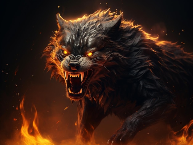There is a wolf with glowing eyes and a fire on its face generative ai