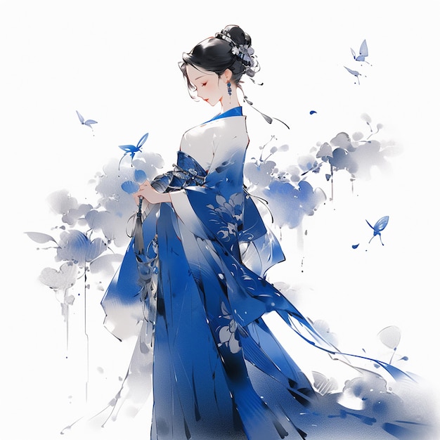 There is a woman in a blue dress and butterfly painting generative ai