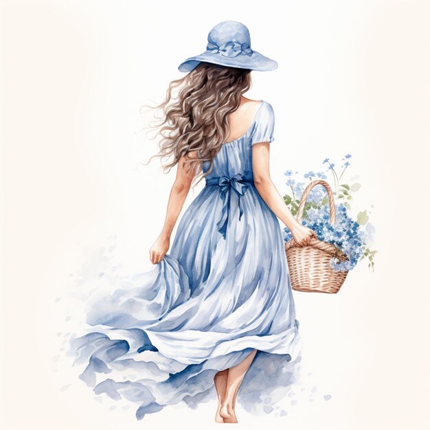 there is a woman in a blue dress and hat walking with a basket of flowers generative ai