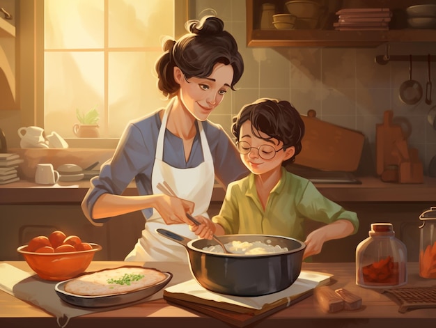 女性と子供がキッチンで料理をしています