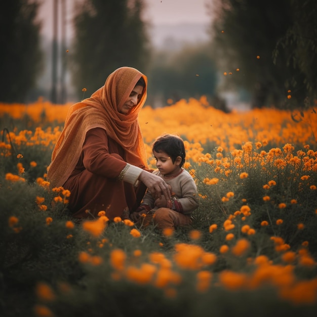 there is a woman and a child sitting in a field of flowers generative ai