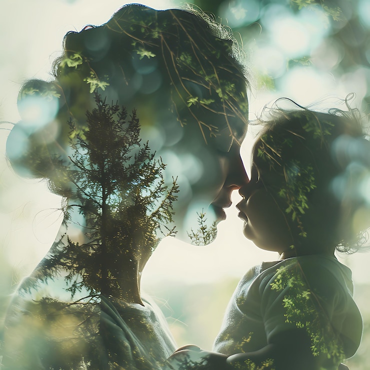 Photo there is a woman and a child that are looking at each other