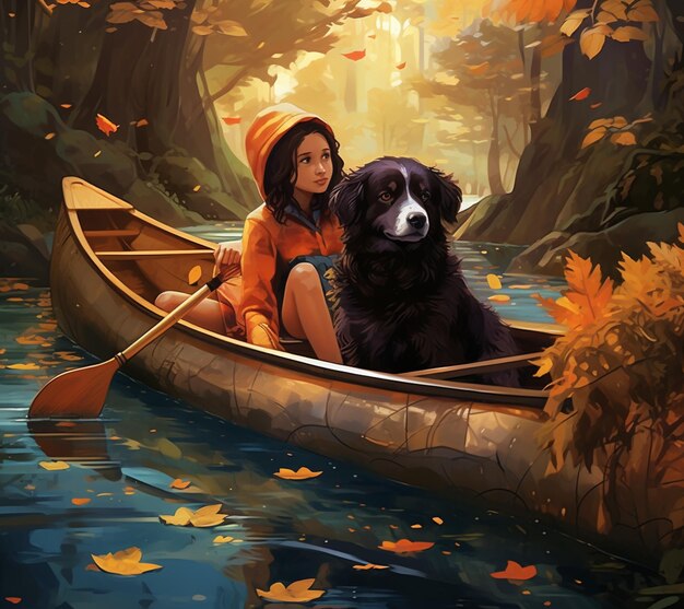 there is a woman and a dog in a canoe on the water generative ai