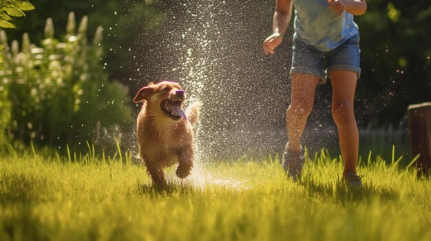 There is a woman and a dog playing in the water generative ai