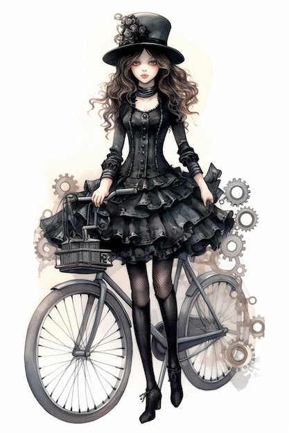 Есть женщина в платье и шляпе, стоящая рядом с велосипедом.