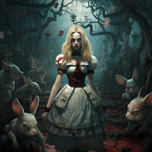 ウサギと森の中にドレスを着た女性が立っている生成ai