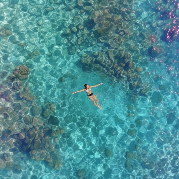 there is a woman floating in the water with a pink flower generative ai