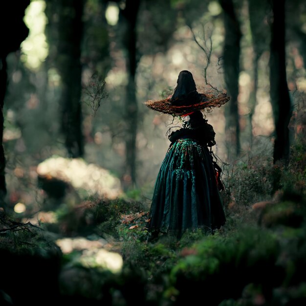 there is a woman in a green dress and a hat in the woods generative ai