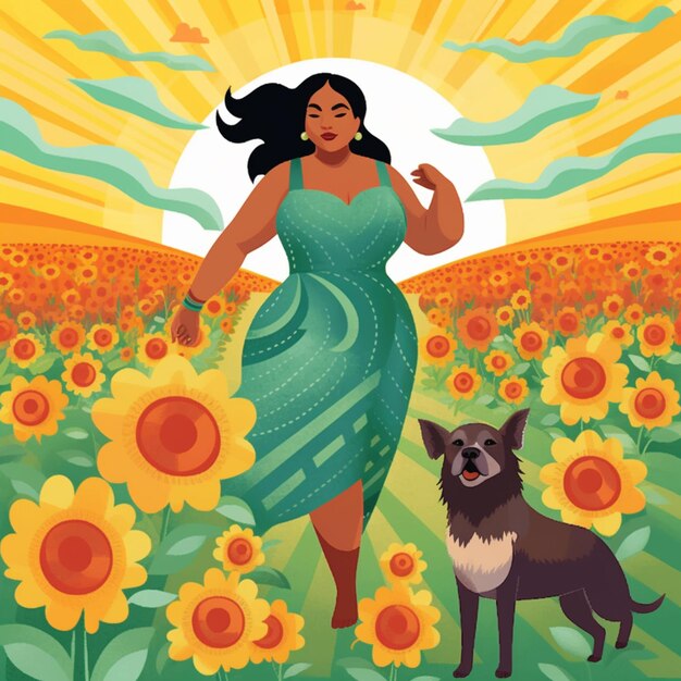 There is a woman in a green dress standing in a field of sunflowers with a dog generative ai