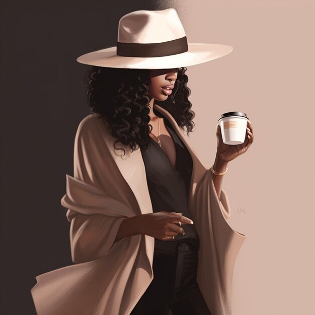 there is a woman in a hat and coat holding a cup of coffee generative ai