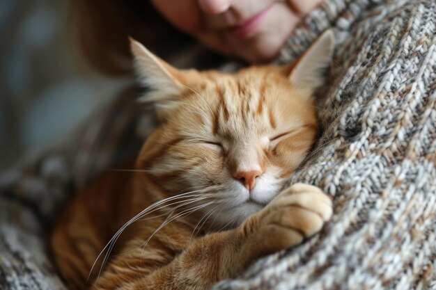 Photo there is a woman holding a cat that is sleeping on her lap