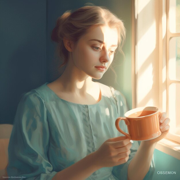 there is a woman holding a cup of coffee by a window generative ai