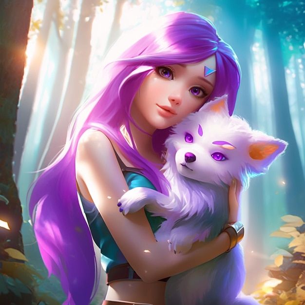 There is a woman holding a white dog in a forest ai generative