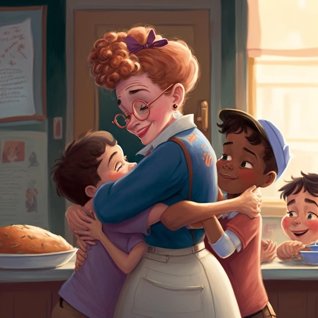 there is a woman hugging a child in a kitchen with other children generative ai
