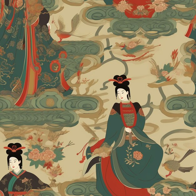 Photo there is a woman in a kimono dress and a bird in the sky generative ai