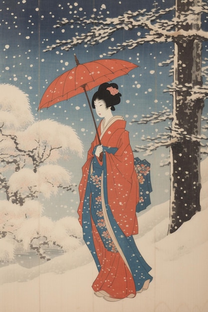 there is a woman in a kimono walking in the snow generative ai