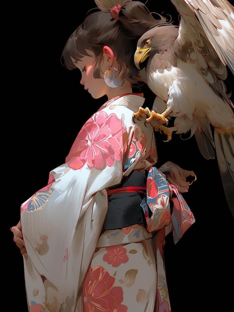 Photo there is a woman in a kimono with a bird on her shoulder generative ai