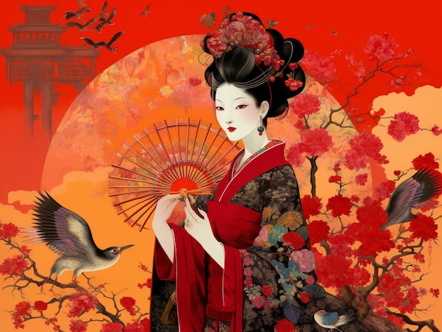 Premium AI Image | there is a woman in a kimono with a fan and birds ...