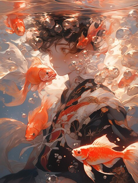 there is a woman in a kimono with goldfishs in the water generative ai