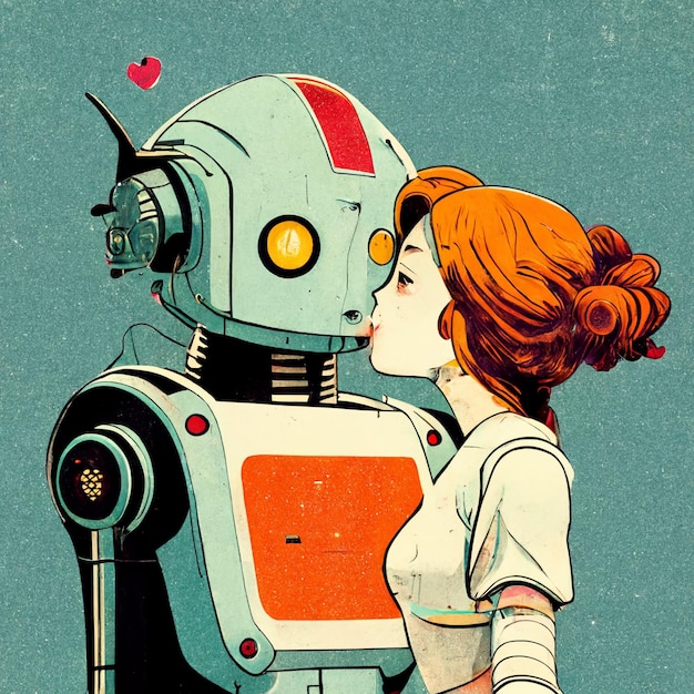 There is a woman kissing a robot with a heart on it generative ai