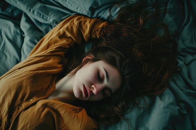 Photo there is a woman laying on a bed with her eyes closed