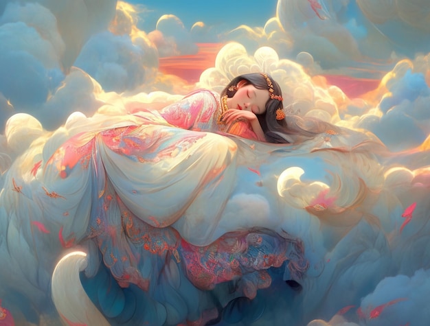 There is a woman laying on a cloud with a cat generative ai