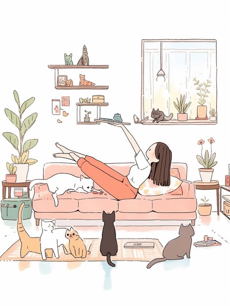 Женщина лежит на диване с кошками на полу, генеративный ай