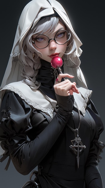 there is a woman in a nun outfit holding a red apple generative ai