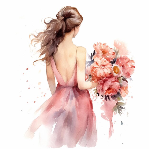 Там женщина в розовом платье с букетом цветов.