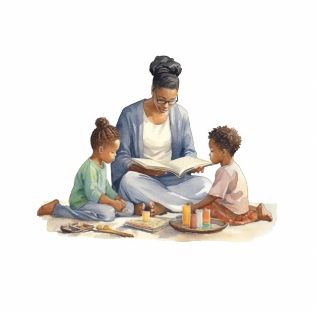 Photo there is a woman reading a book to two children generative ai