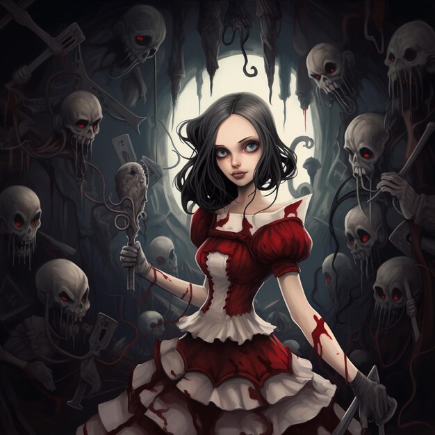 there is a woman in a red dress holding a knife in front of a bunch of skulls generative ai